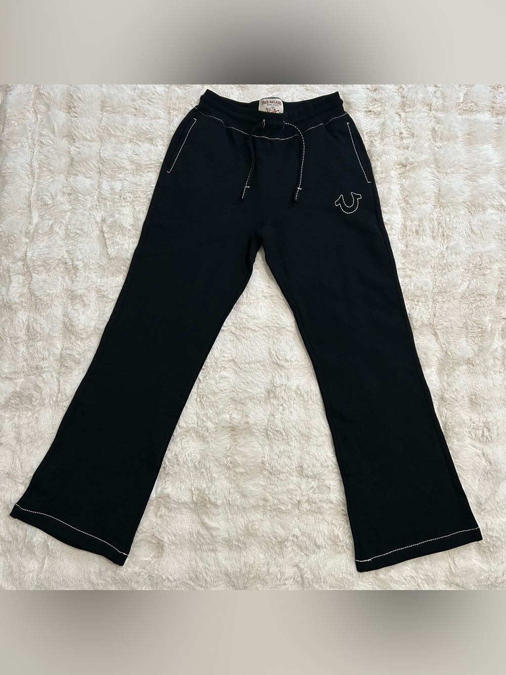 True Religion Women’s Black Contrast Stitch Wide Leg Sweatpants – Medium – NWOT
